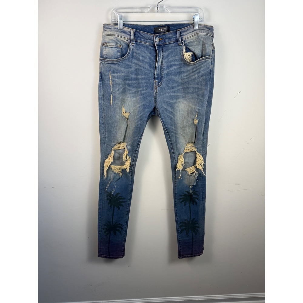 Amiri Distressed Palm Tree Sunset Ombre Skinny Jeans Light Wash Blue Size‎ 36